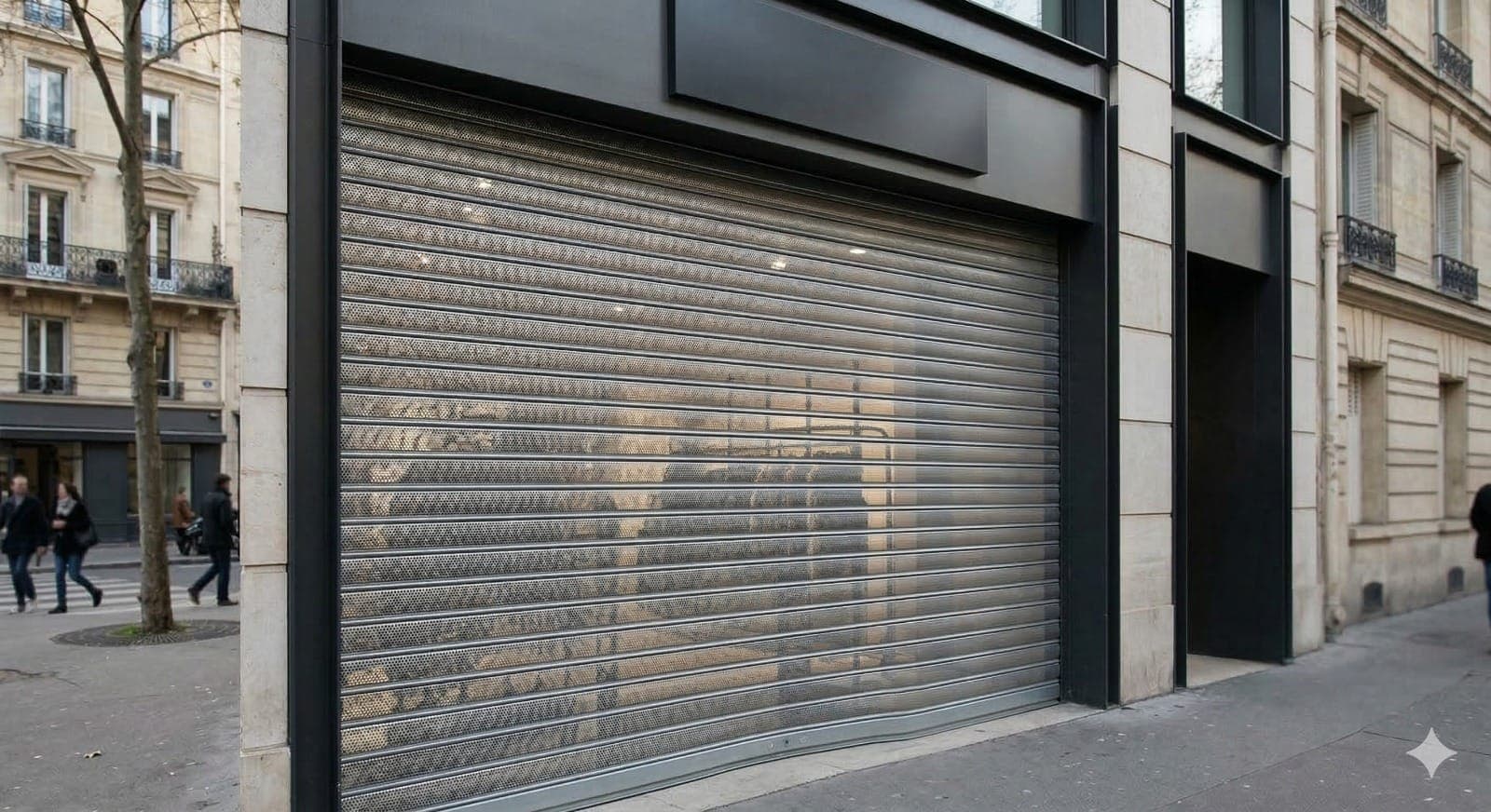 rideau métallique micro-perforé acier galvanisé anti-tags protection commerce Paris