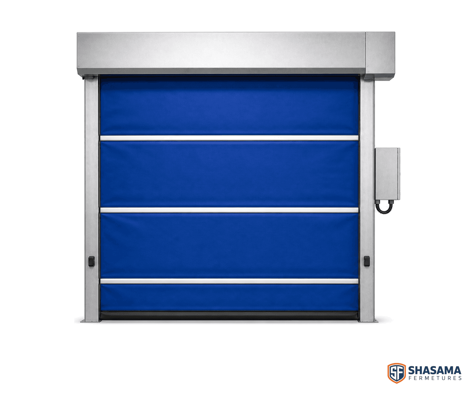 Porte souple rapide vue de face, tablier PVC bleu, barres anti-vent, montants latéraux et bord bas souple.