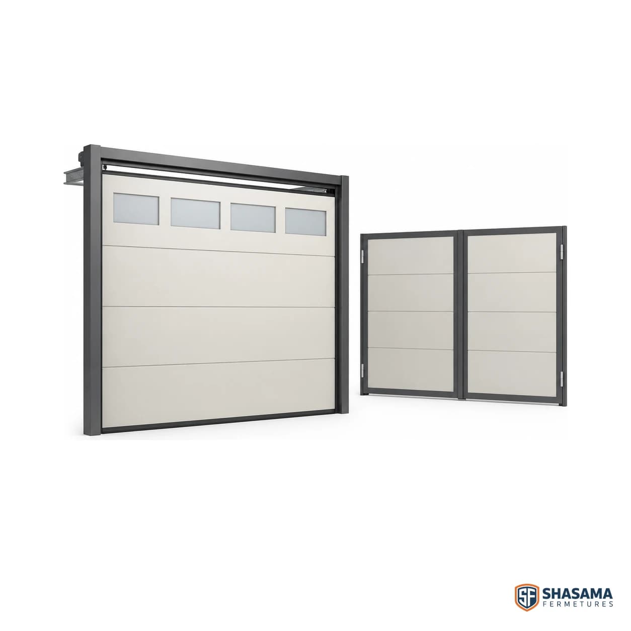 Porte de garage sectionnelle crème à hublots vitrés, présentée à côté d’un portail à deux vantaux assorti, montants anthracite, sur fond blanc