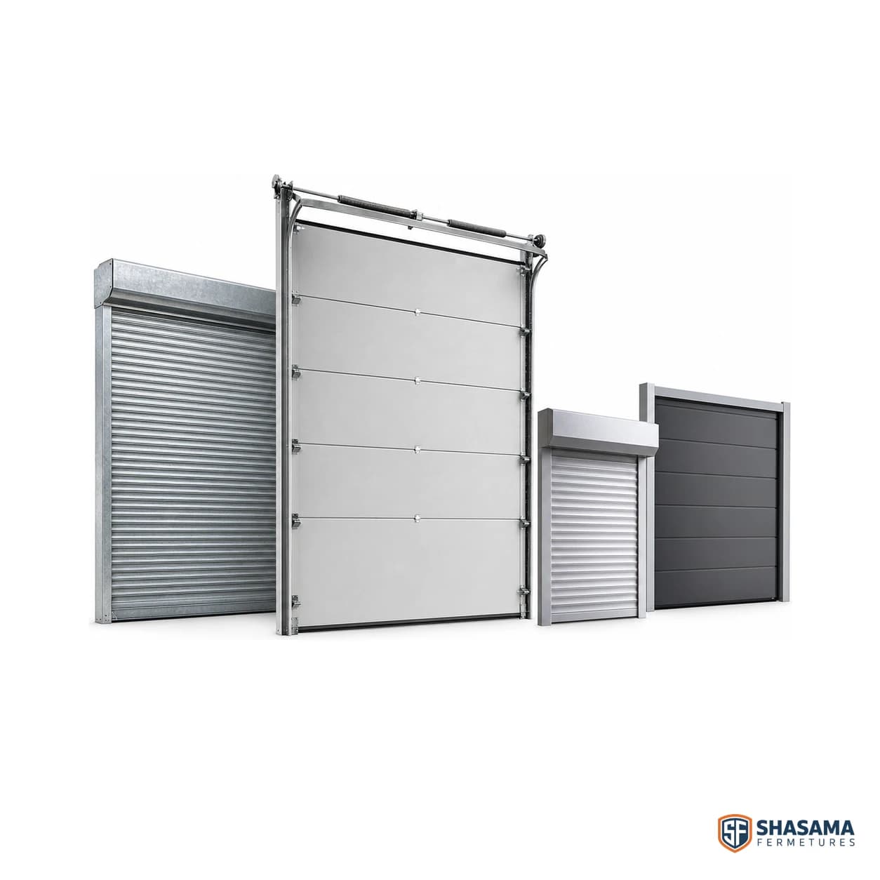 Quatre fermetures Shasama réunies : rideau métallique galvanisé, porte sectionnelle industrielle, volet roulant et porte sectionnelle anthracite, sur fond blanc