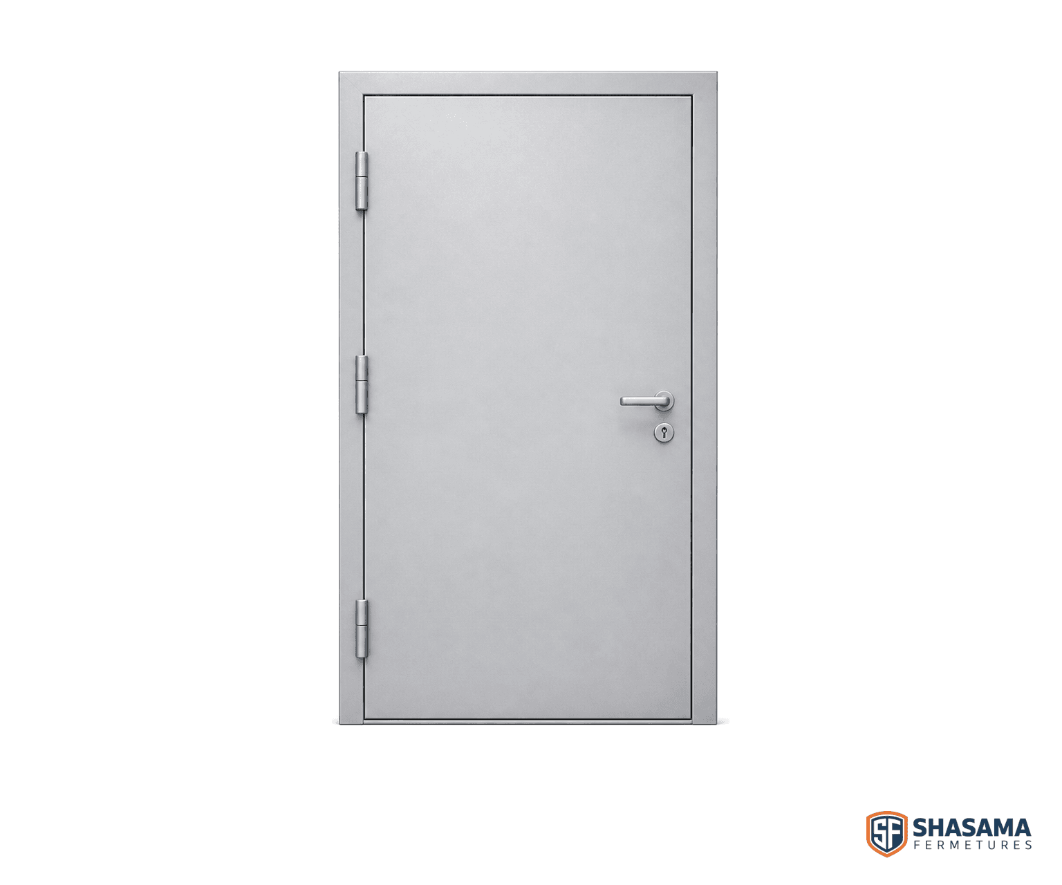 Bloc-porte blindé vu de face avec dormant, vantail, paumelles et écusson de cylindre.