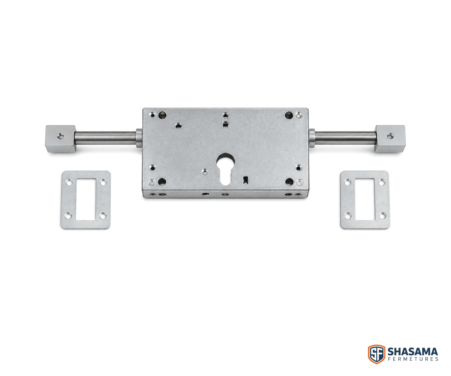 Serrure multipoints avec coffre en acier, tringles de verrouillage et gâches ; réparation et dépannage possibles.