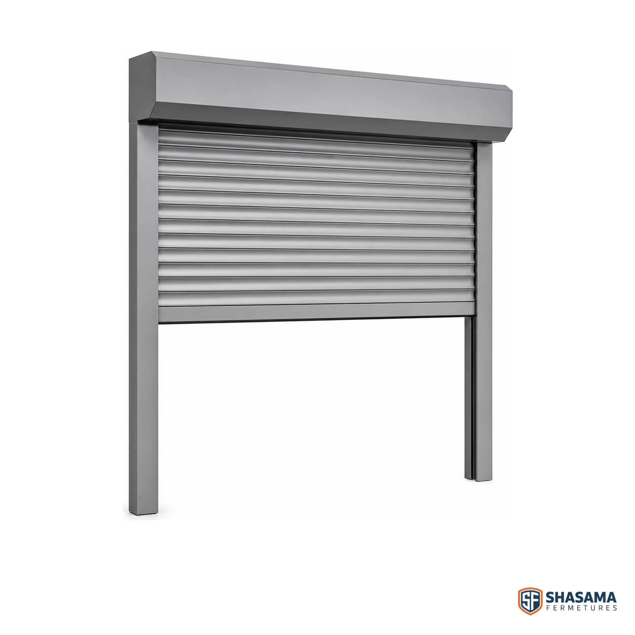 Volet roulant en aluminium gris fermé, tablier à lames, coffre extérieur et coulisses latérales visibles, sur fond blanc