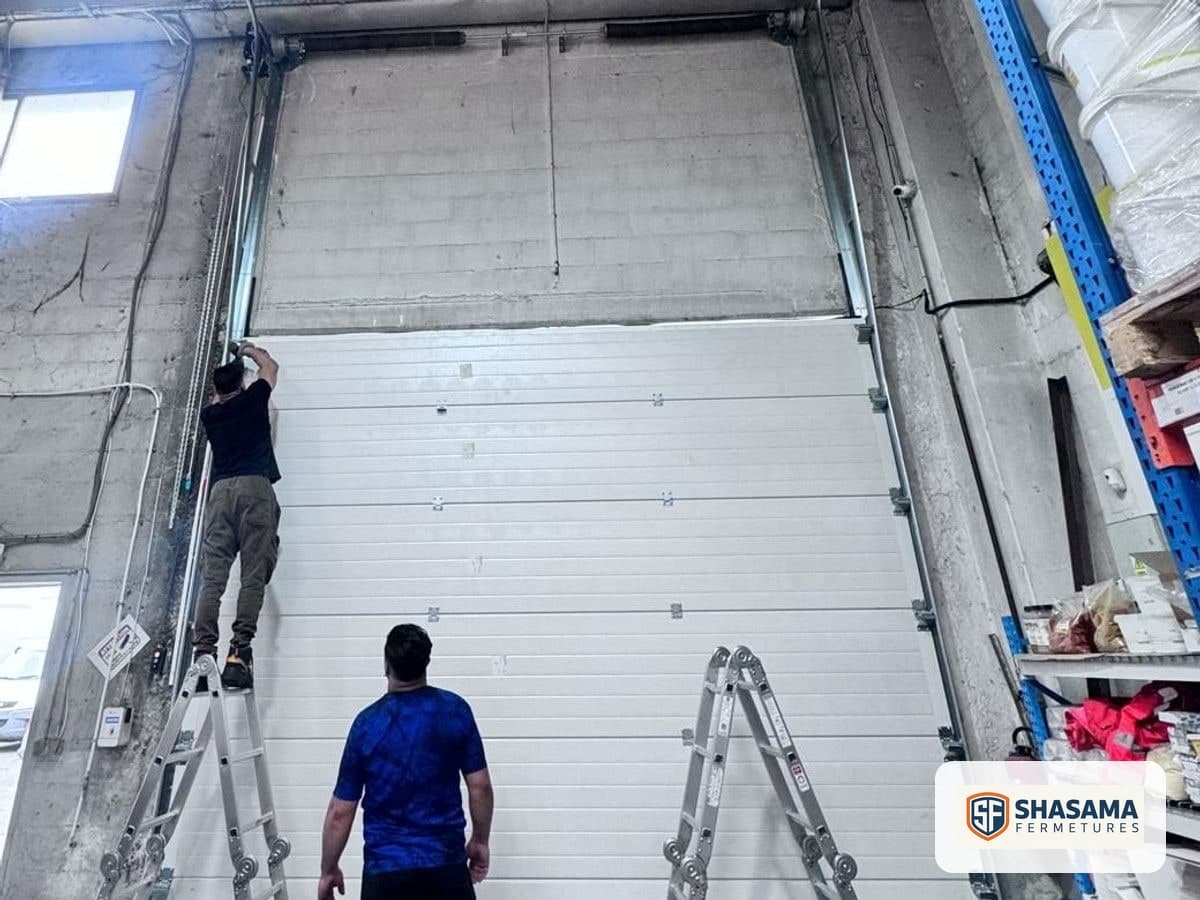 New industrial sectional door being assembled in the warehouse opening from a stepladder
