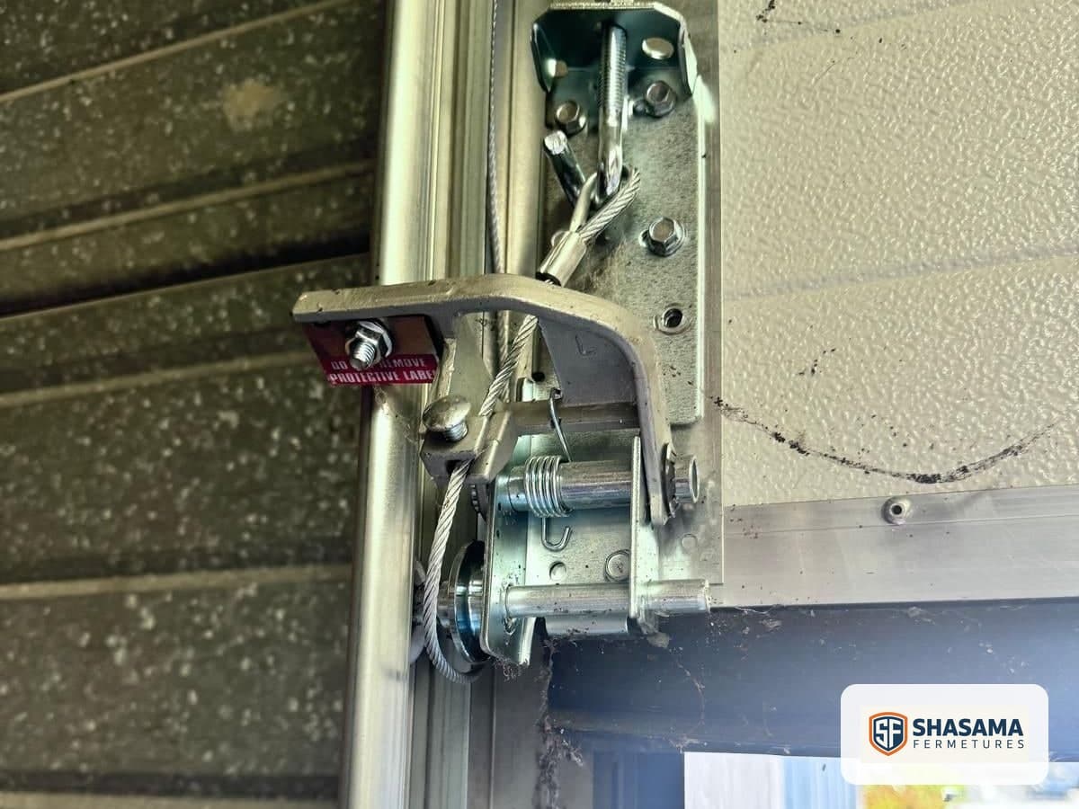 Industrial sectional door repair, replacement lifting cable secured to the lower bracket of the smaller door