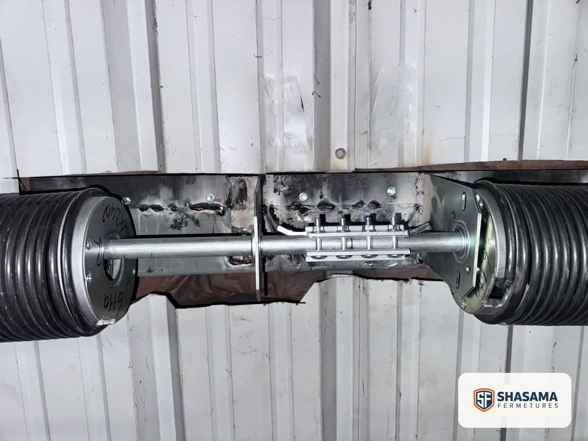 Industrial sectional door repair, close-up of torsion springs fitted to the shaft above the opening