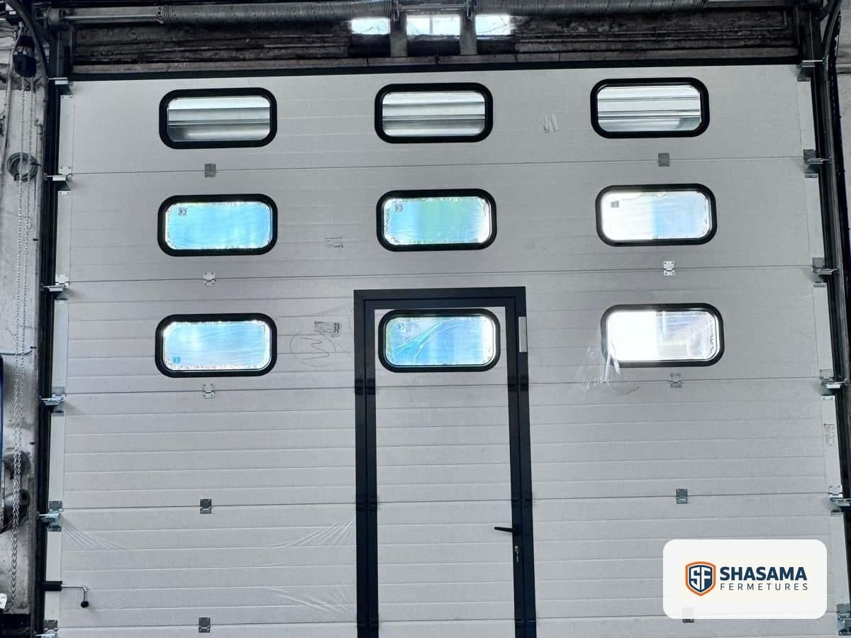 New industrial sectional door in the closed position, with an integrated wicket door and windows
