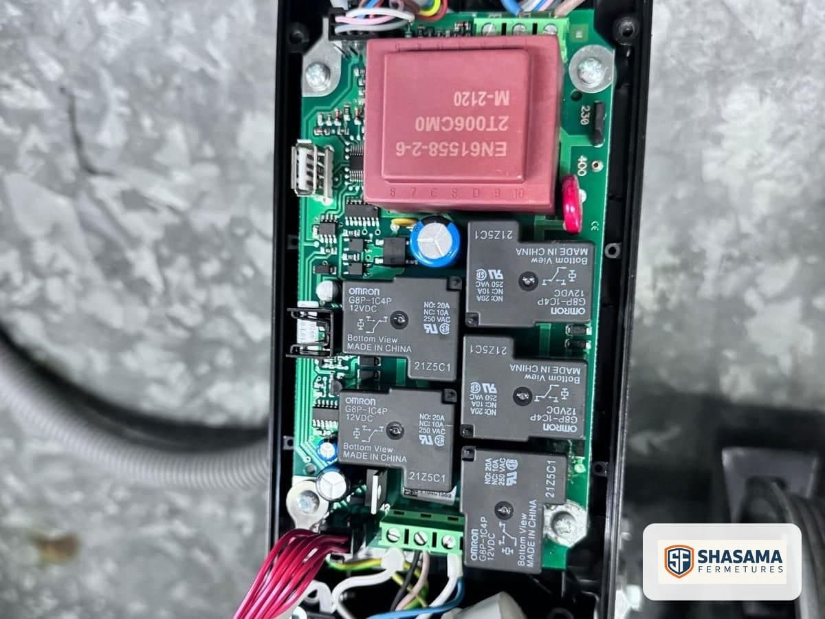 Industrial sectional door motor circuit board exposed while its wiring is being connected