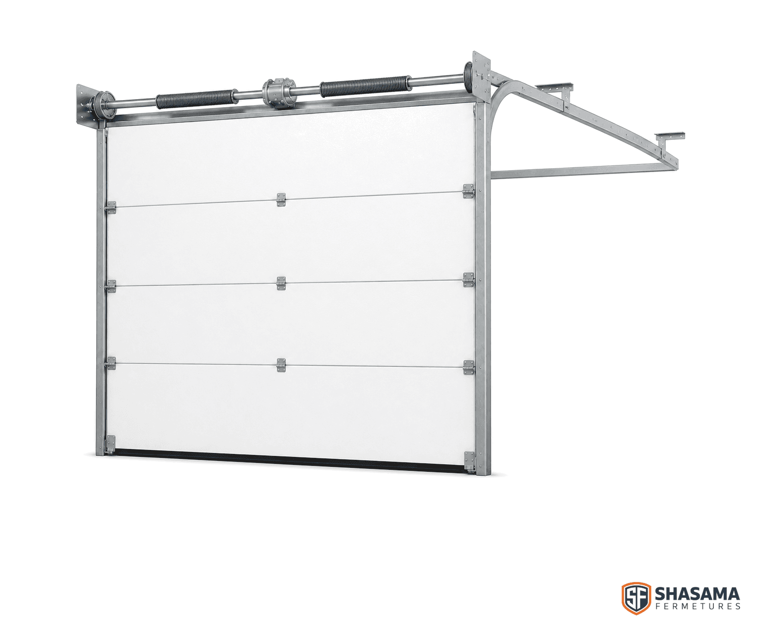 Porte sectionnelle industrielle fermée, panneaux sandwich blancs, vue trois quarts avec rails de levée et arbre de torsion.