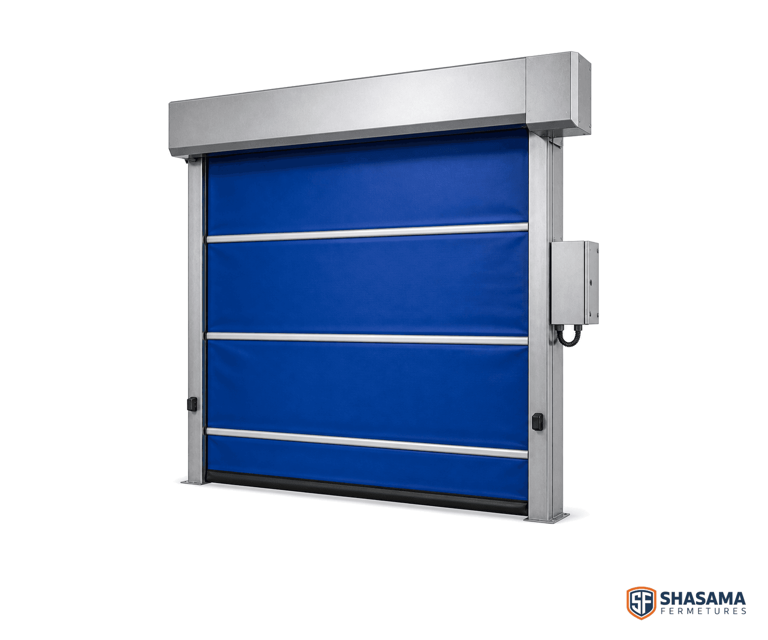 Porte souple rapide industrielle à tablier PVC bleu sur cadre autoportant, caisson supérieur et coffret de commande.