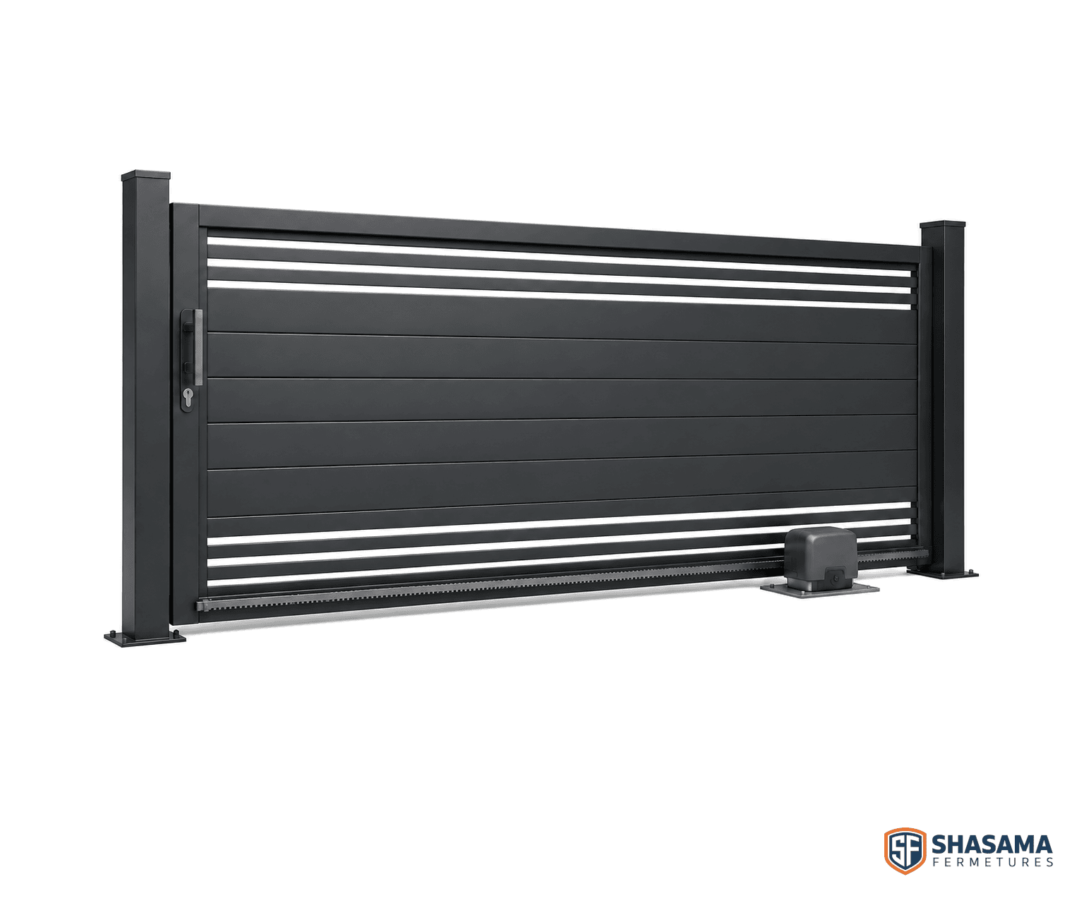 Portail résidentiel coulissant en aluminium anthracite avec crémaillère et opérateur moteur.