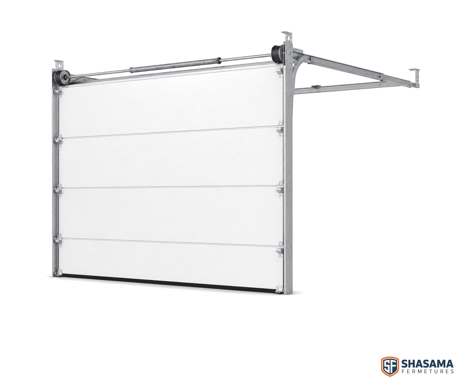 Porte sectionnelle résidentielle fermée en panneaux sandwich blancs, vue trois quarts avec rails de levée et arbre de torsion.