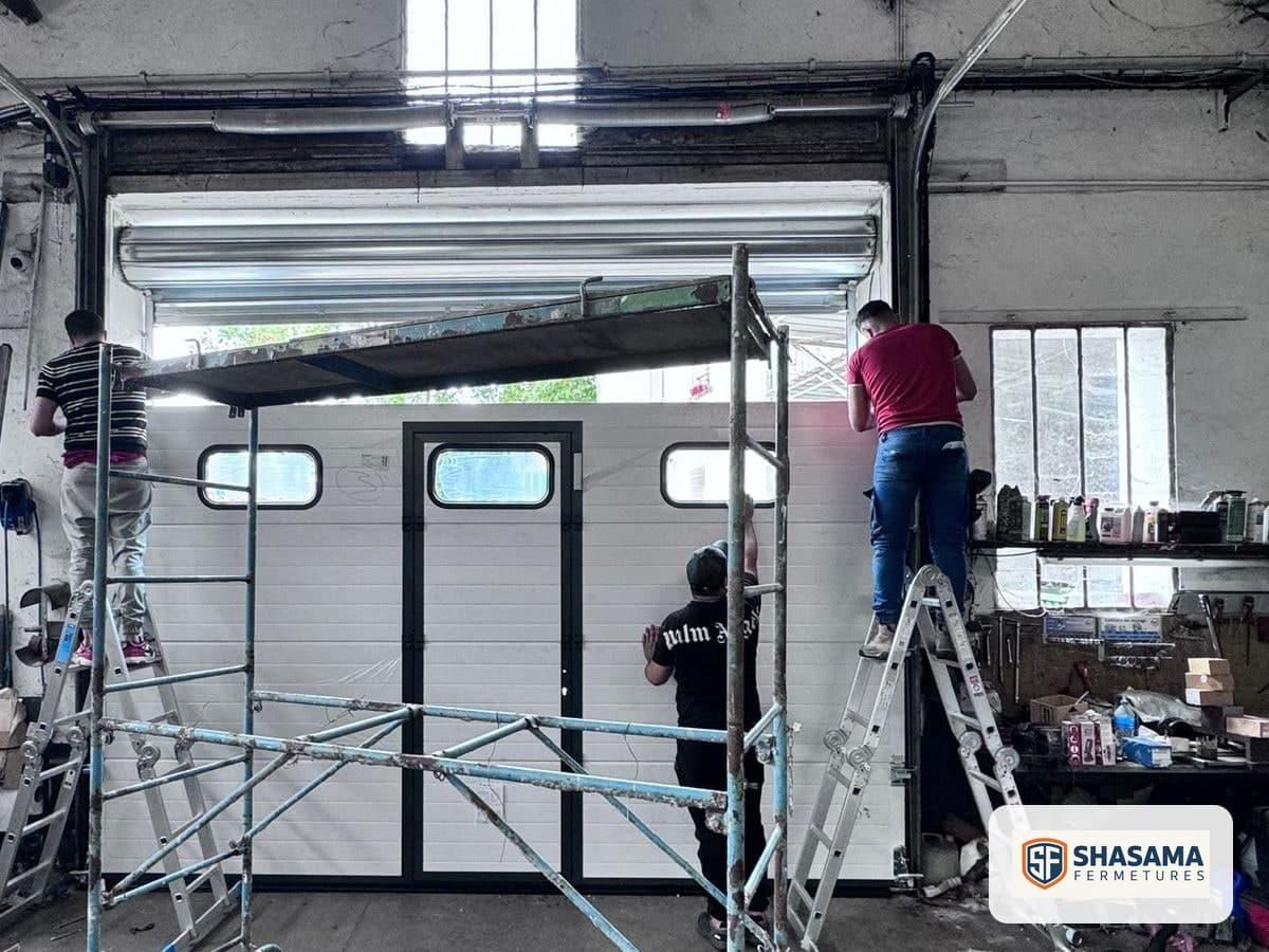 Technicians on stepladders installing the panels of an industrial sectional door with a wicket door