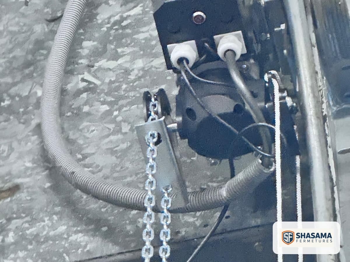Industrial sectional door operator with its casing closed and emergency operating chain beside the top of the opening