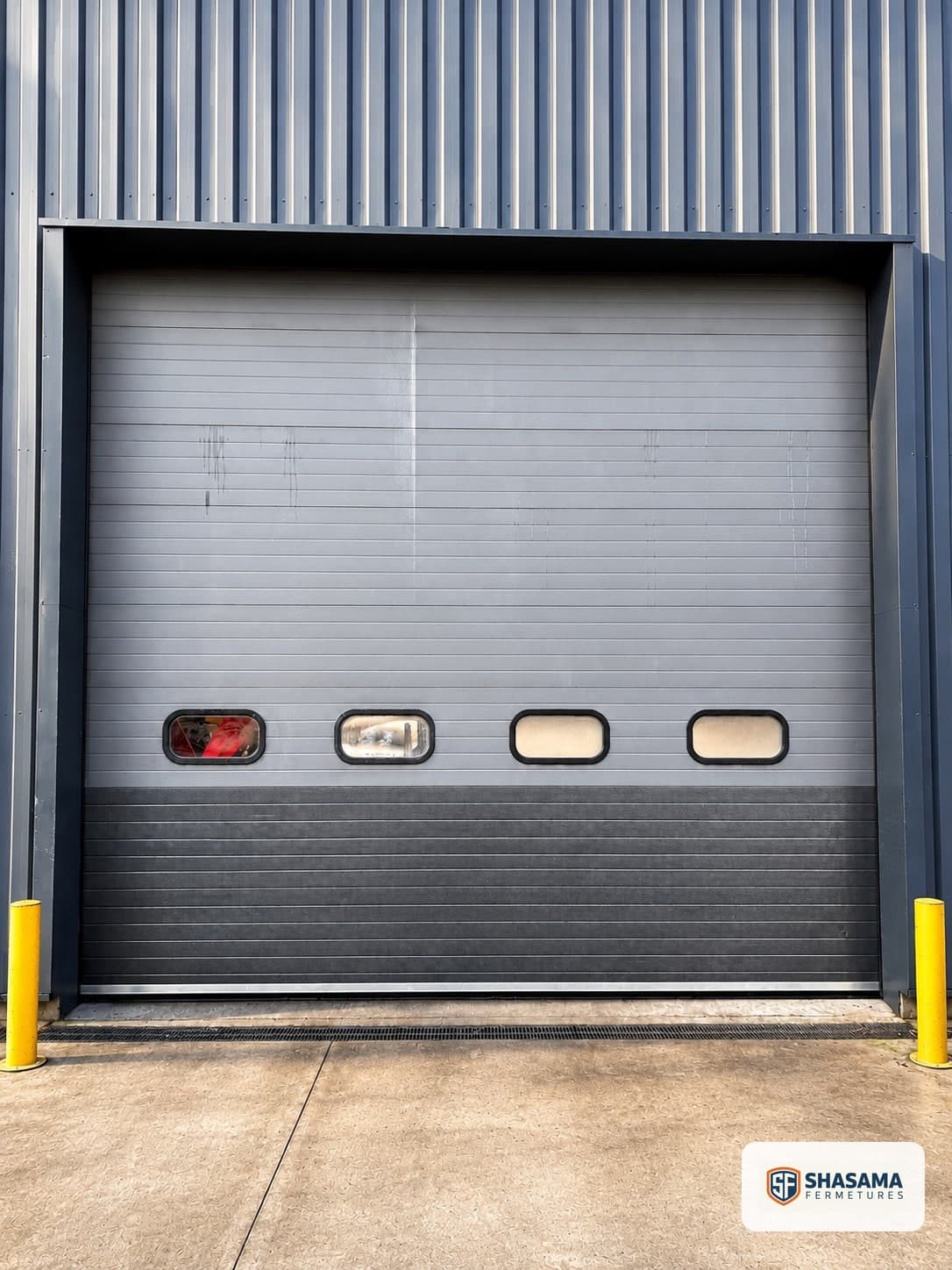 Repair and replacement of panels and cables on a two-tone industrial sectional door, closed in the exterior view