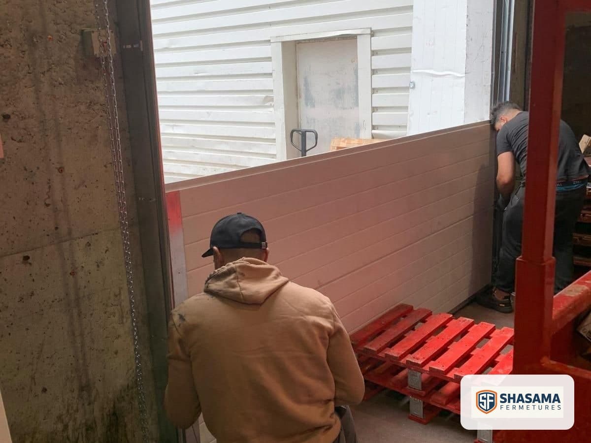 Technicians in the warehouse opening during replacement of the industrial sectional door