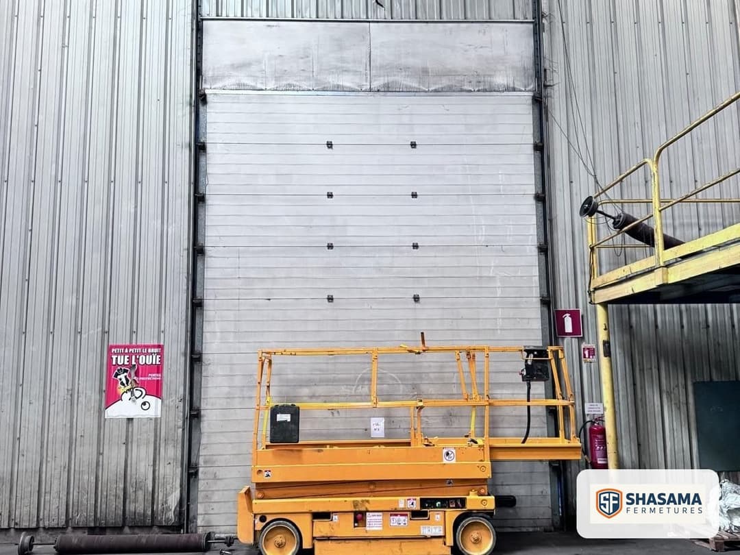 Tall industrial sectional door closed, with the scissor lift positioned at the foot of the door