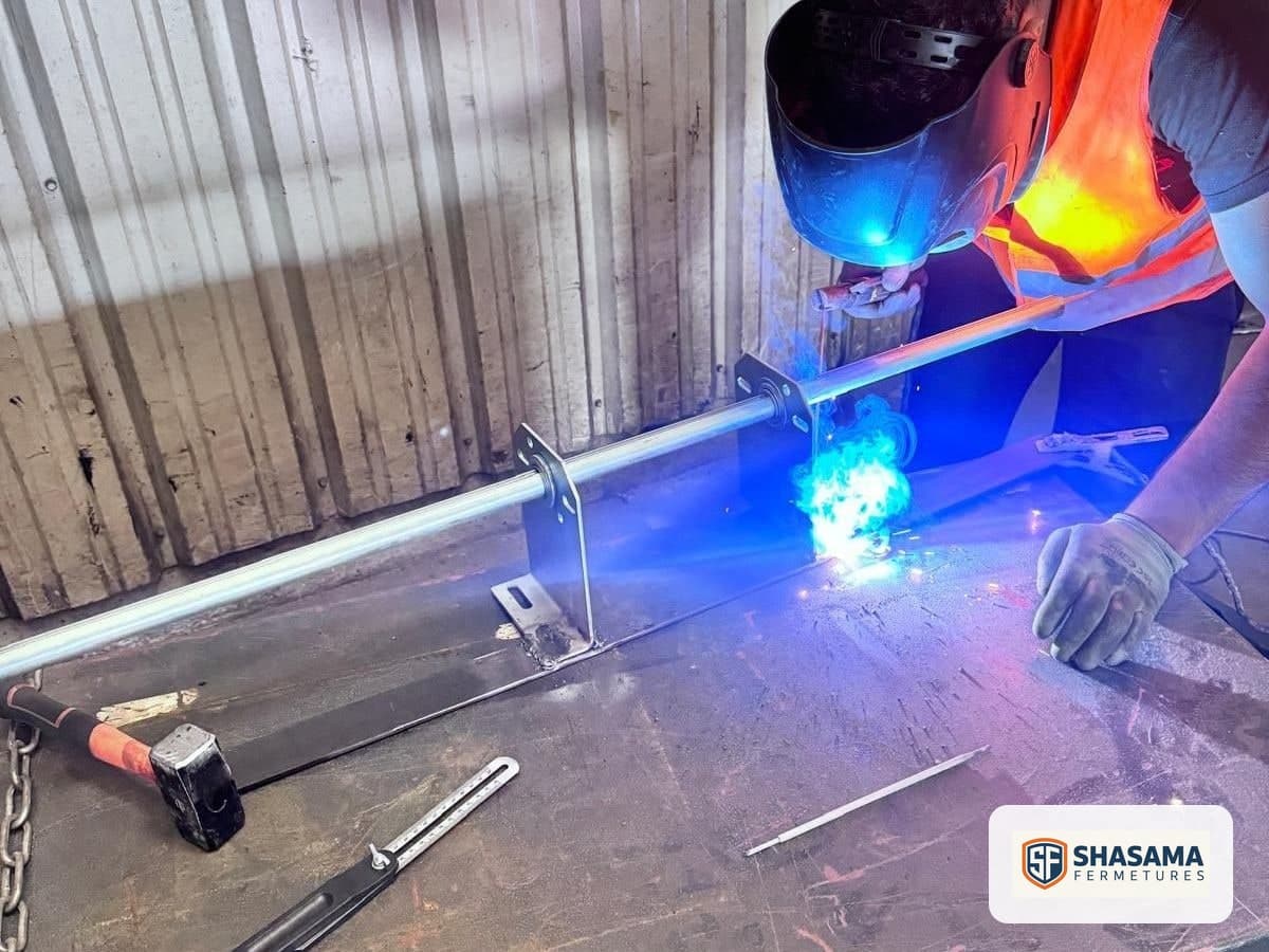 Welding an industrial sectional door bracket at the workbench while wearing a welding mask