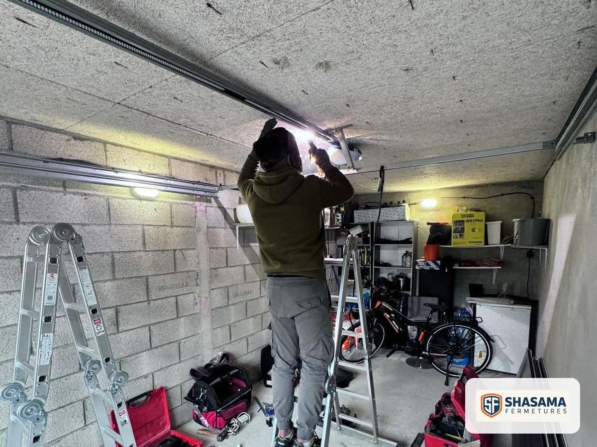 Technician on a stepladder fixing the sectional garage door rail to the ceiling during installation