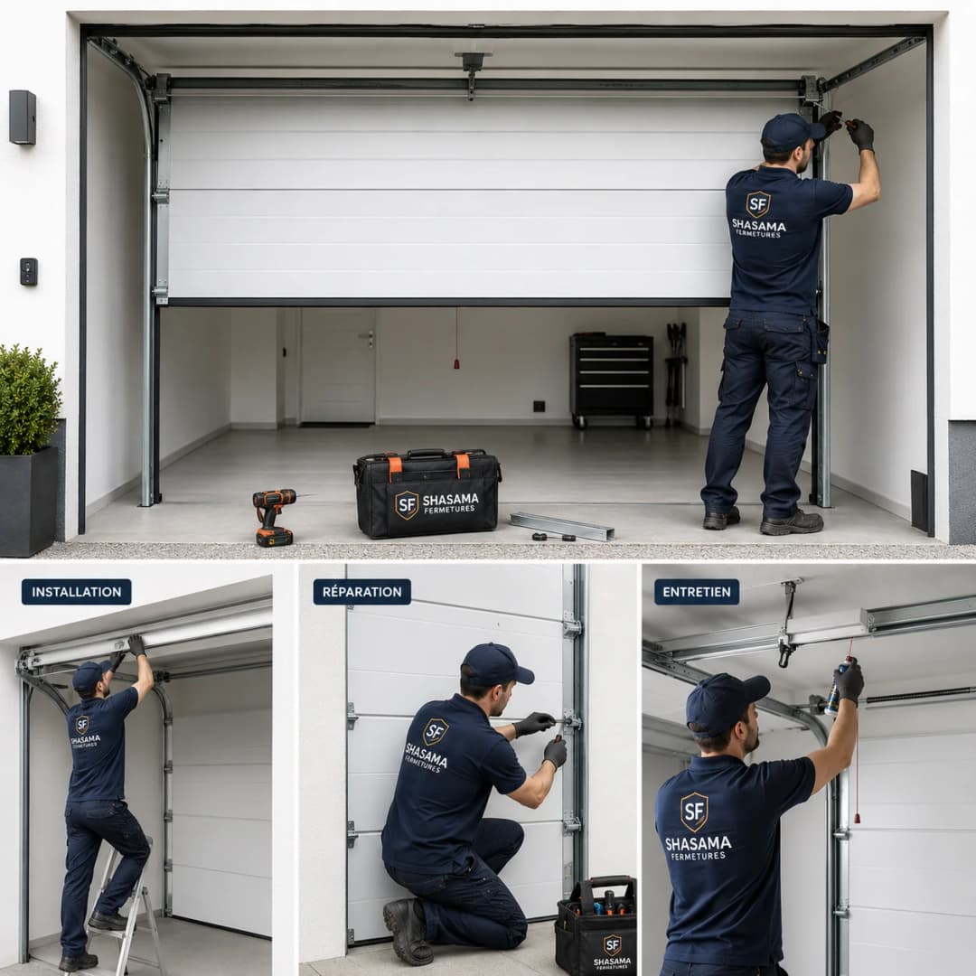 Porte de garage sectionnelle blanche ouverte, technicien aux rails et vues des fixations et du mécanisme.